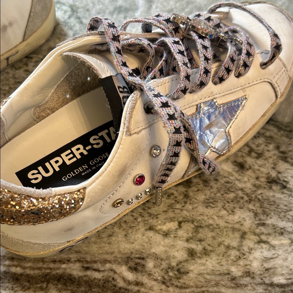 Golden Goose White and Glitter Sneakers
